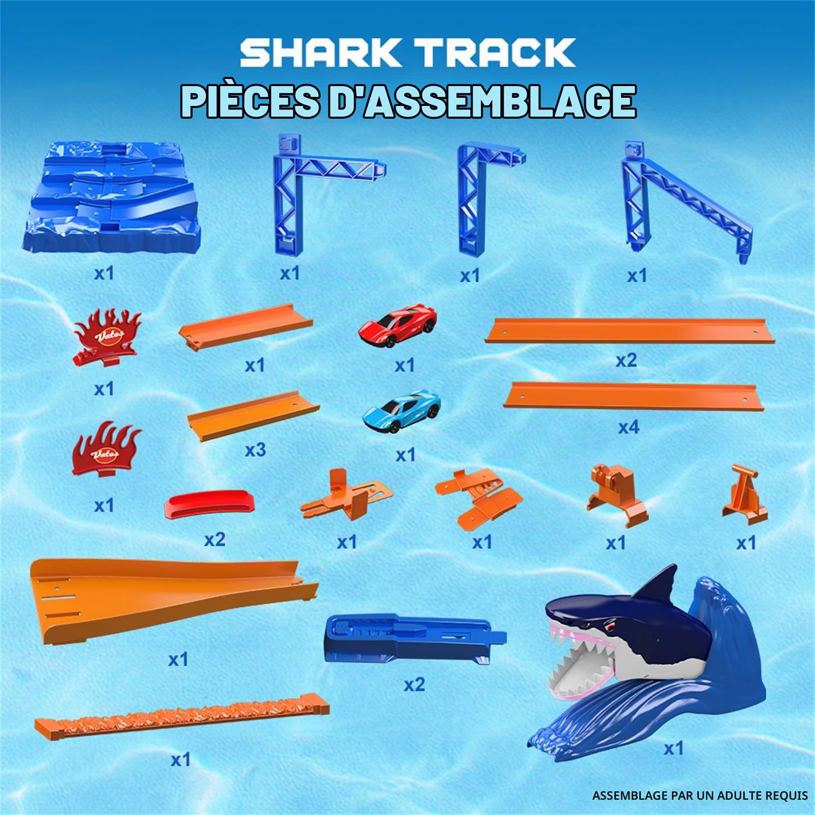Vatos Circuit de Course Requin pour Enfants avec 2 Voitures de Course & 2 Boucles, Circuit de Cascades à la Catapulte Requin, Jouet Cadeau pour Garçons de 3, 4, 5, 6, 7, 8 Ans