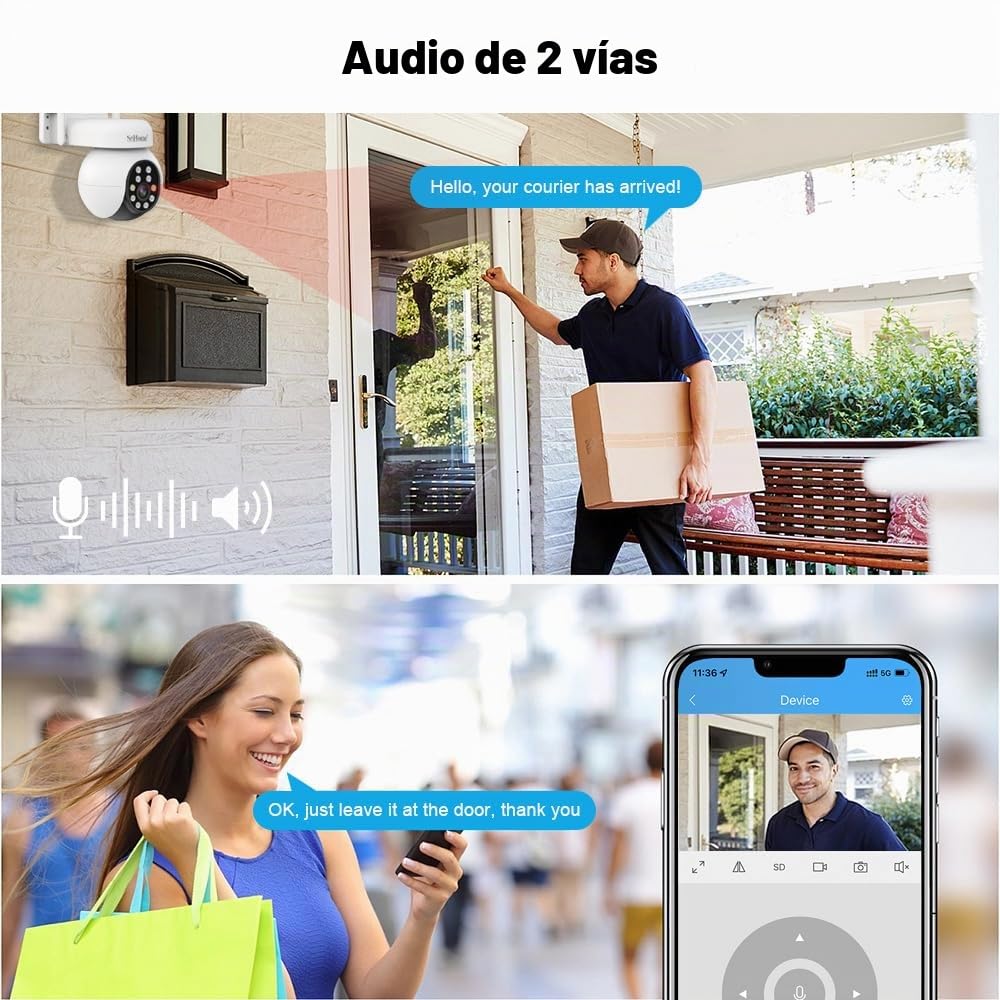 SRIHOME 5MP HD PTZ Cámara de vigilancia, detección de humanos, seguimiento de movimiento, alarma sonora y luminosa, audio bidireccional, uso en exterior/interior