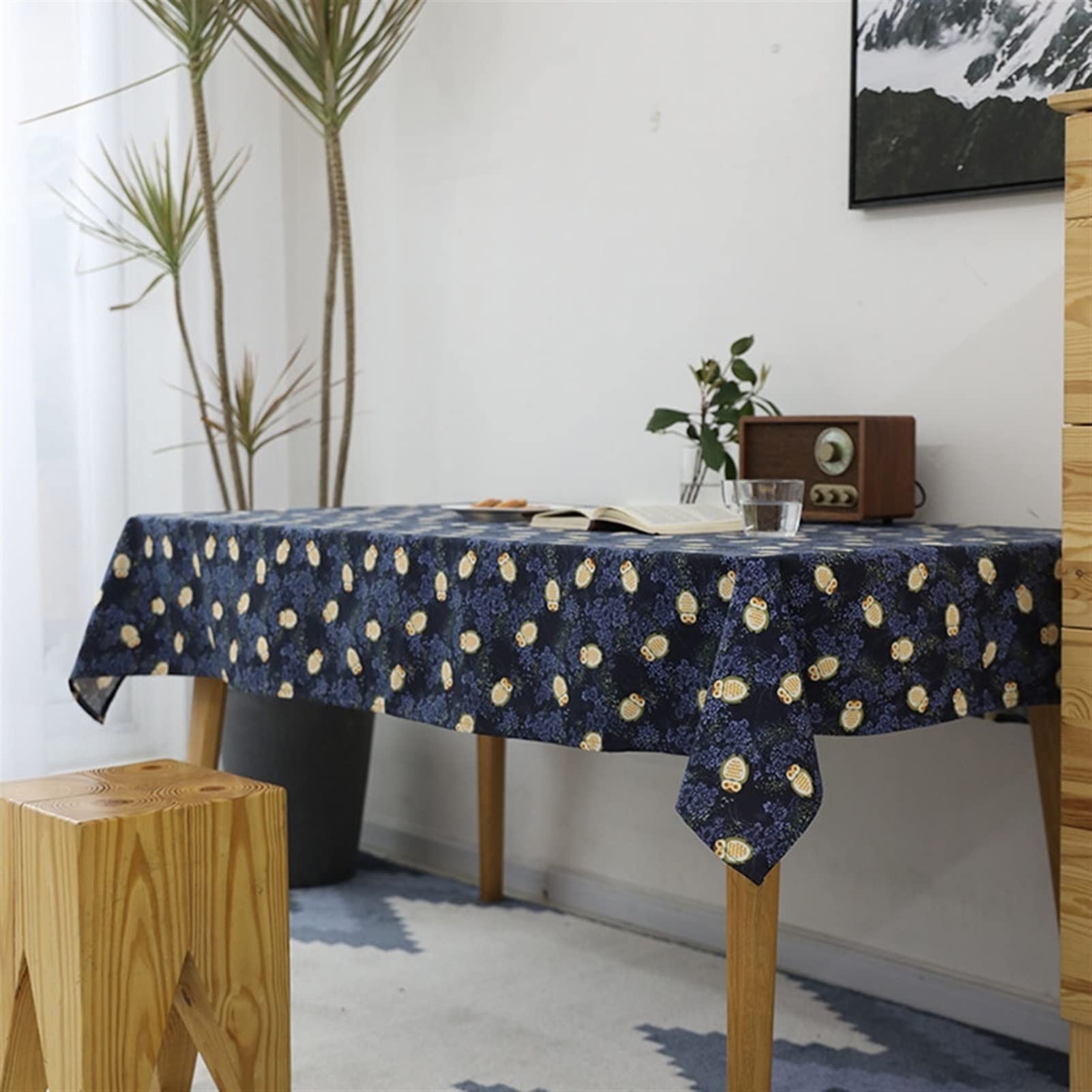 manteles Mantel de Lino de algodón con Estampado de búho y Flores, Cubierta de Mesa Rectangular de Estilo rústico de Granja, for Cocina, Restaurante, Fiesta, Picnic al Aire Libre(140X180cm)