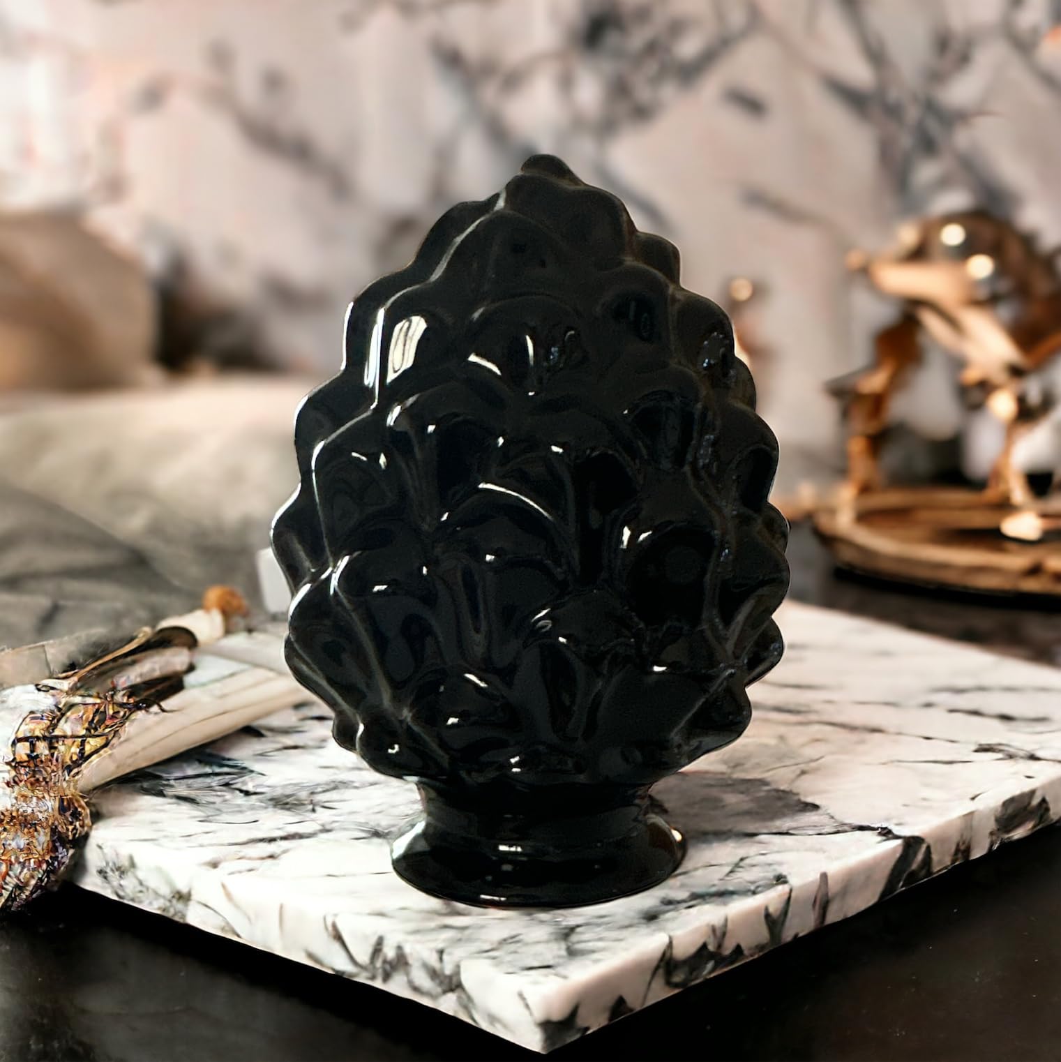 Gmm Black Sicilian Pine Cone, Artistic Pine Cone, Classic, Modern, Decorative, Ornamental, Pinecone Ornament Sicilian Design, Typical Object, Favor 10 Cm H (Ceramic-)