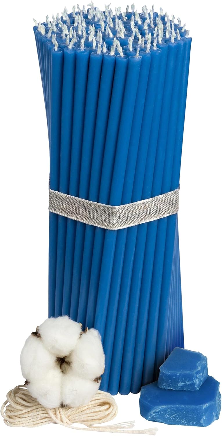 Church Beeswax Candles - 100 pcs. I Ritual Candles L-8.10 in, Ø-0.26 in I 80 min Burning time of Blue Color I of Thin drip- and smokeless Candles
