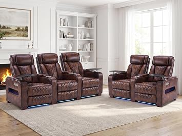 Power Recliner Sofa Set, Loveseat Sofa with Power Headrest, Independent Seat Control, Removable Tray Table & Extended Footrest, Electric Reclining Couch for Living Room Light Brown, Row of 5