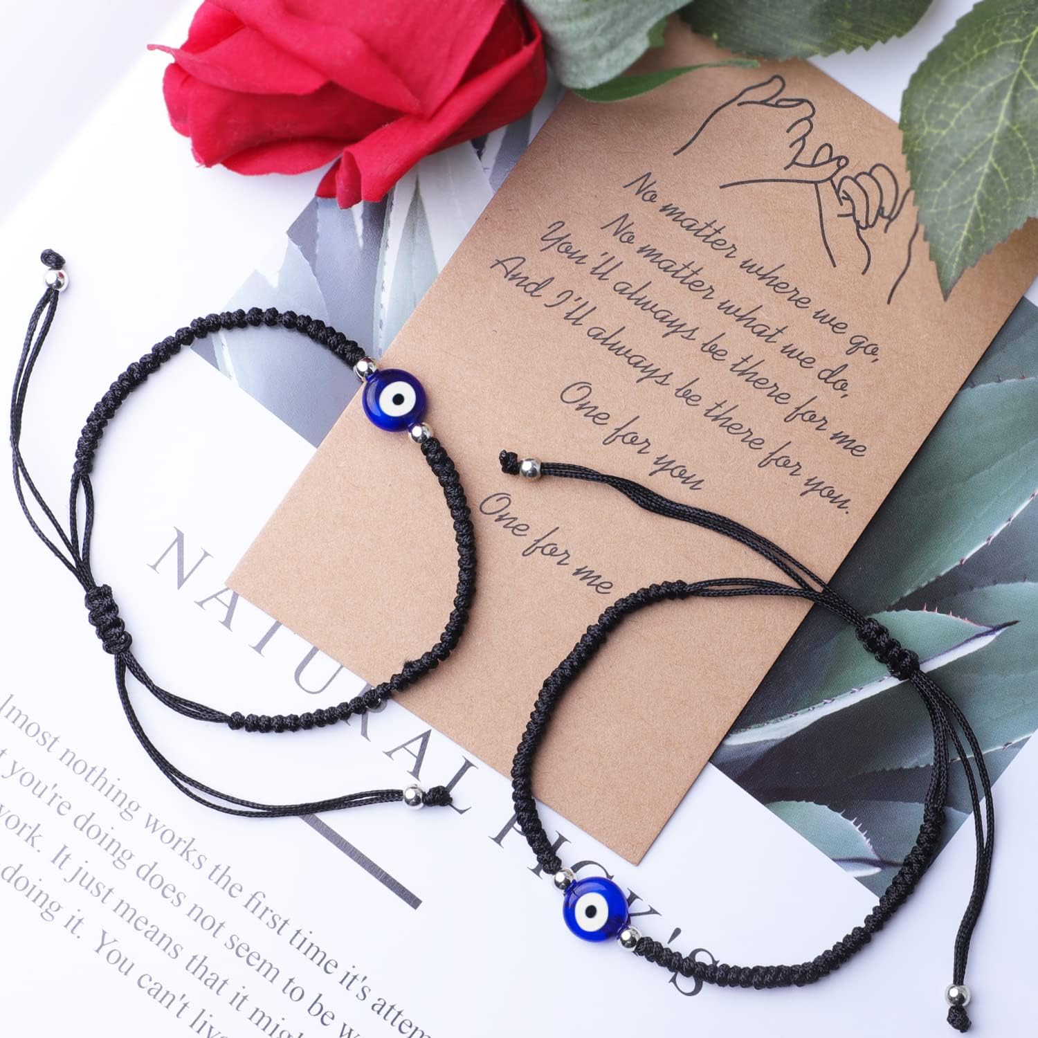 Evil Eye Bracelets Set with Card, Friendship Couples Evil Eye Bracelets Adjustable Kabbalah String Amulet Charm Bracelets for Women Men Couple Teen Girls Family Best Friend (Red, Black)