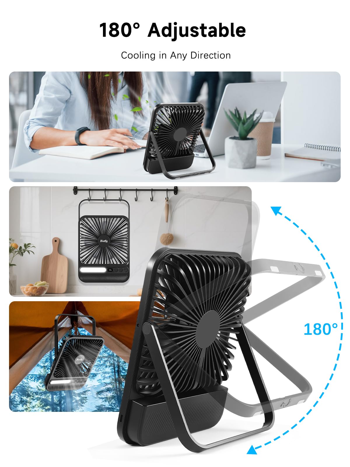 10000mAh Camping Ventilator Tragbarer Ultradünn Tischventilator mit Lampe, Max.28Std. Laufzeit, Leise, Timer, Display, Haken, Akku Ventilator für Camping Reisen Outdoor Büro Schlafzimmer