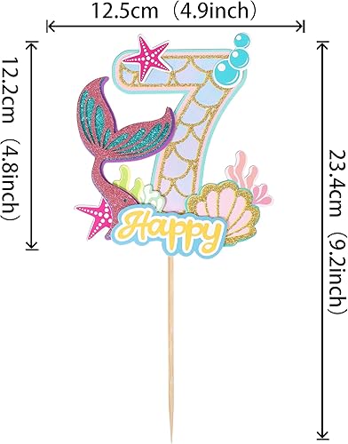 Miniatura 2 de 1 paquete de decoración de pastel de sirena para cumpleaños de 7 años, feliz cumpleaños, océano, criatura del mar, decoración de pastel de sirena