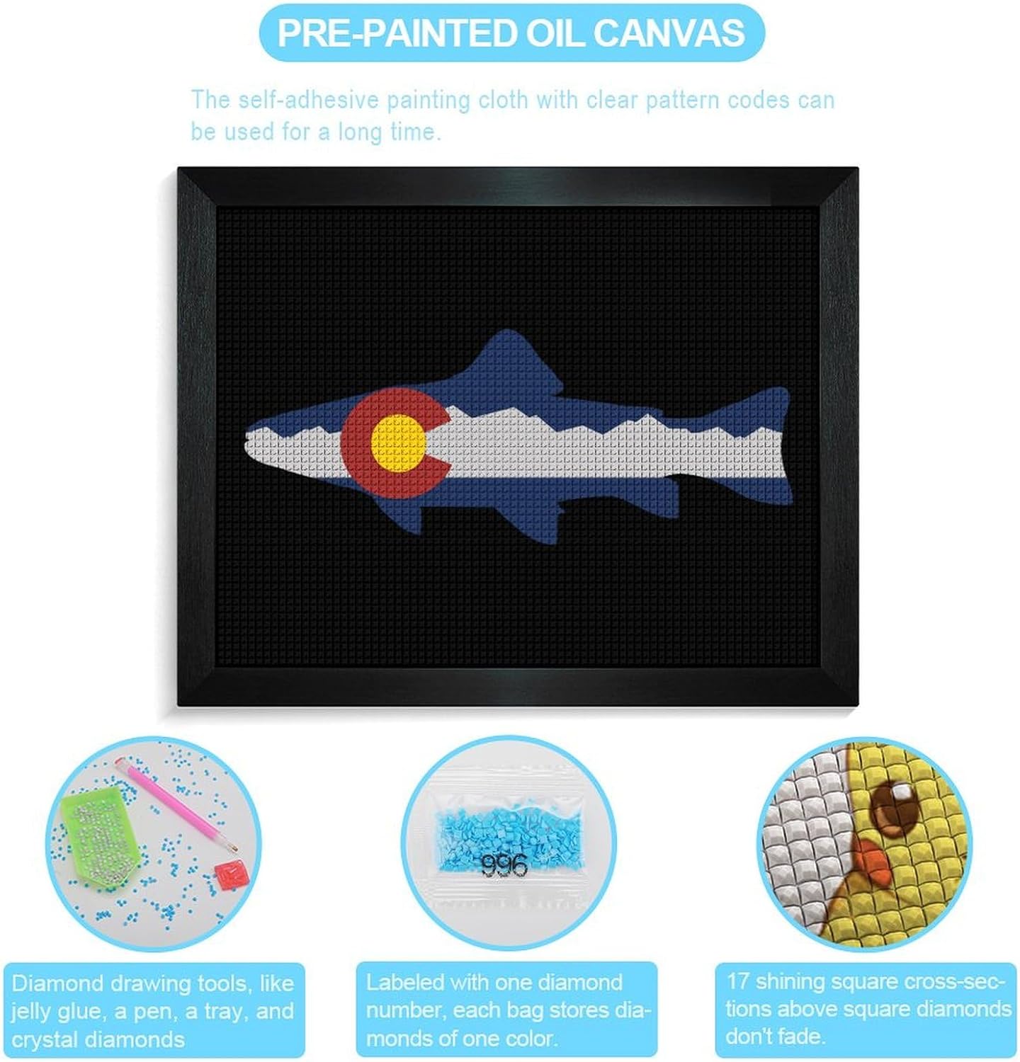 Colorado Mountain Trout Fish Printed Diamond 5D Painting Kits DIY Full Drill Crafts for Home Wall Decor 16x20 Inch Blackwood 50 * 40cm