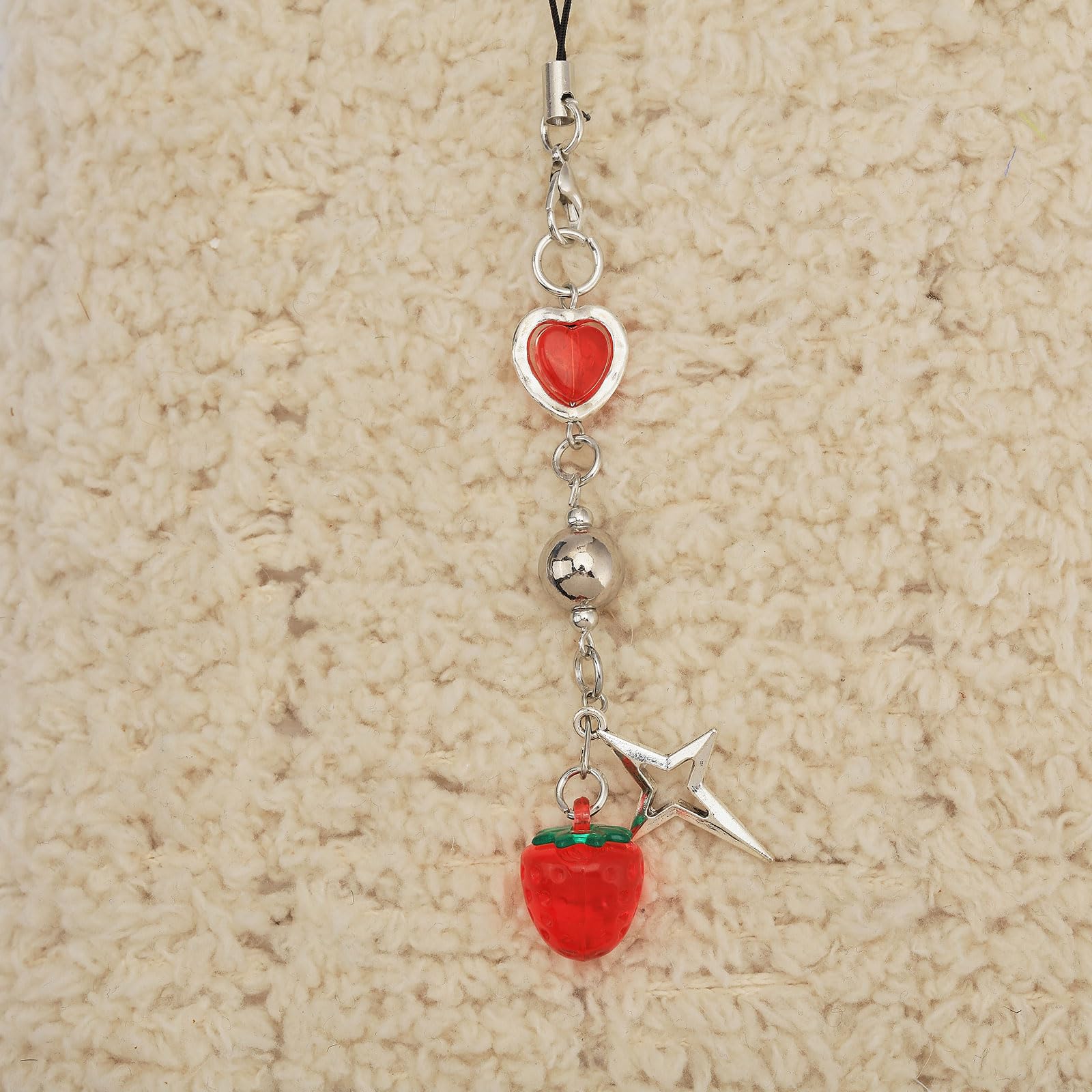 GLOBLELAND 2 Stück Erdbeer-Handyanhänger Aus Glas | Rosa & Rot, Mit Legierungs-Stern | Handgefertigte Lampwork, 6 Zoll Lang | Deko Für Handy, Schlüssel, Tasche