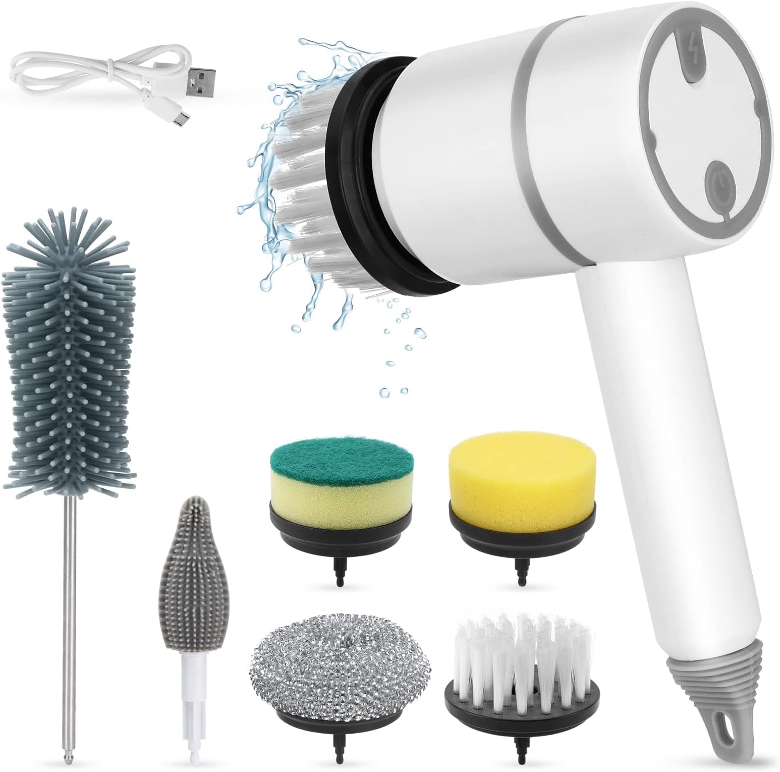 NALACAL Electric Spin Scrubber, Portable Cleaning Brush with 6 Replaceable Brush Heads 3 Rotating Speeds Scrubbing Brush Rechargeable Power Scrubber for Kitchen, Bathroom, Tile, Floor, Window (White)