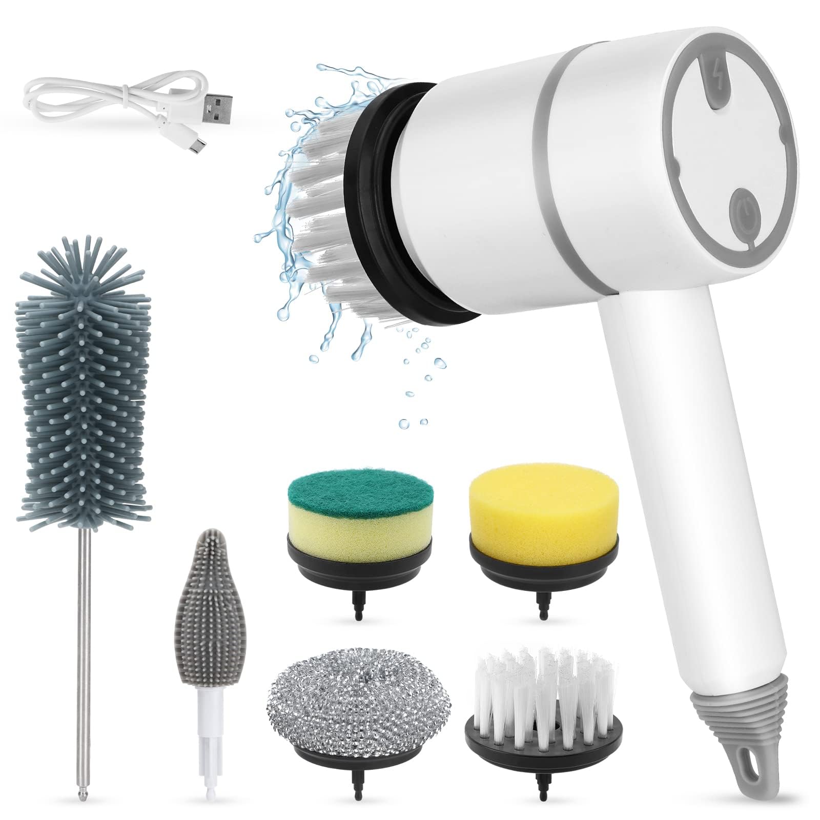 NALACALElectric Spin Scrubber, Portable Cleaning Brush with 6 Replaceable Brush Heads 3 Rotating Speeds Scrubbing Brush Rechargeable Power Scrubber for Kitchen, Bathroom, Tile, Floor, Window (White)