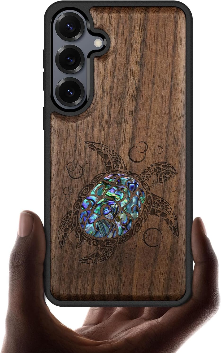 Carveit Magnetic Wooden Case for Samsung Galaxy S25 Case, Wood Artisan Engraved & Handmade Shell Inlaid, Compatible with MagSafe Wireless Chargers (Sea Turtle) Walnut