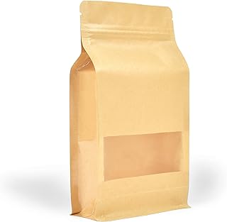 Evergreen Goods 50 szt. Kraft płaskie dno samonastawne brązowe torby do pakowania produktów z oknem, wielokrotnego użytku zamek błyskawiczny/uszczelnienie termiczne do herbaty, ziaren kawy, orzechów, nasion (120 x 220 mm)