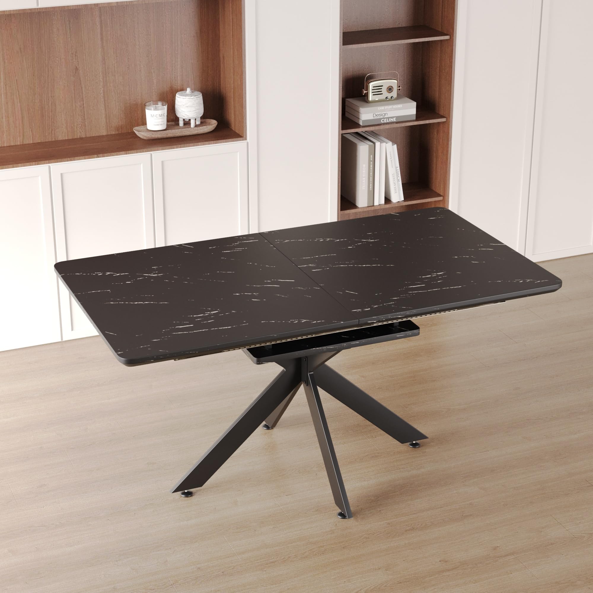 Extendable Dining Table for 4-8, 62.4‘’-78.15‘’Modern Dining Table with Metal Leg, Space Saving Rectangular Table for Office, Kitchen, Dining Room (Black)