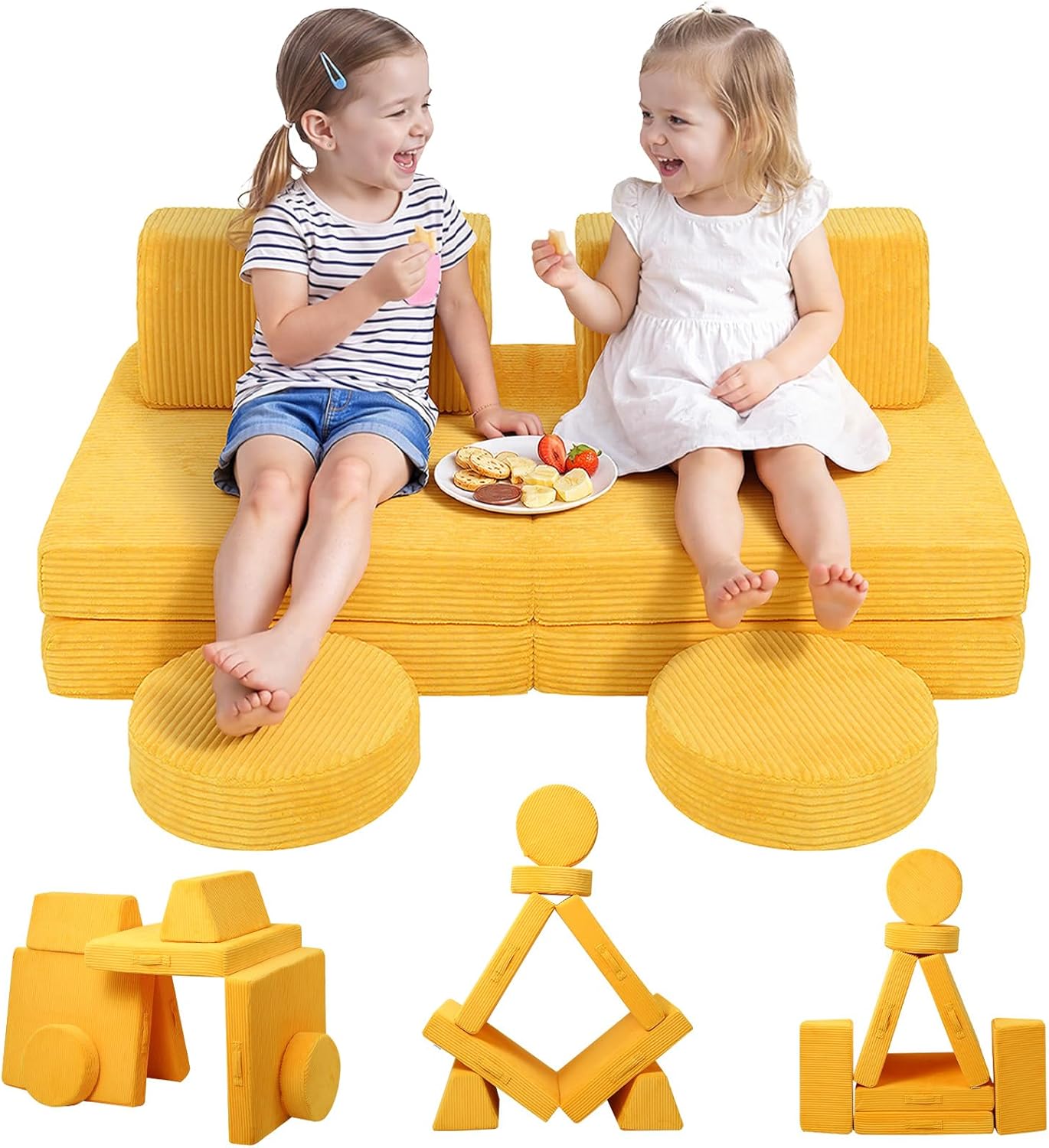 MeMoreCool Kids Modular Couch – 8-Piece Convertible Play Sofa Yellow, Corduroy Foam Set Soft, Washable Playroom Furniture | Fort & Lounge for Toddlers