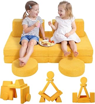MeMoreCool Kids Couch, 8-Piece Corduroy Play Couch in Yellow, Foam Sofa Set | Soft modular kids sofa set for playroom seating, reading nook and indoor climbing play