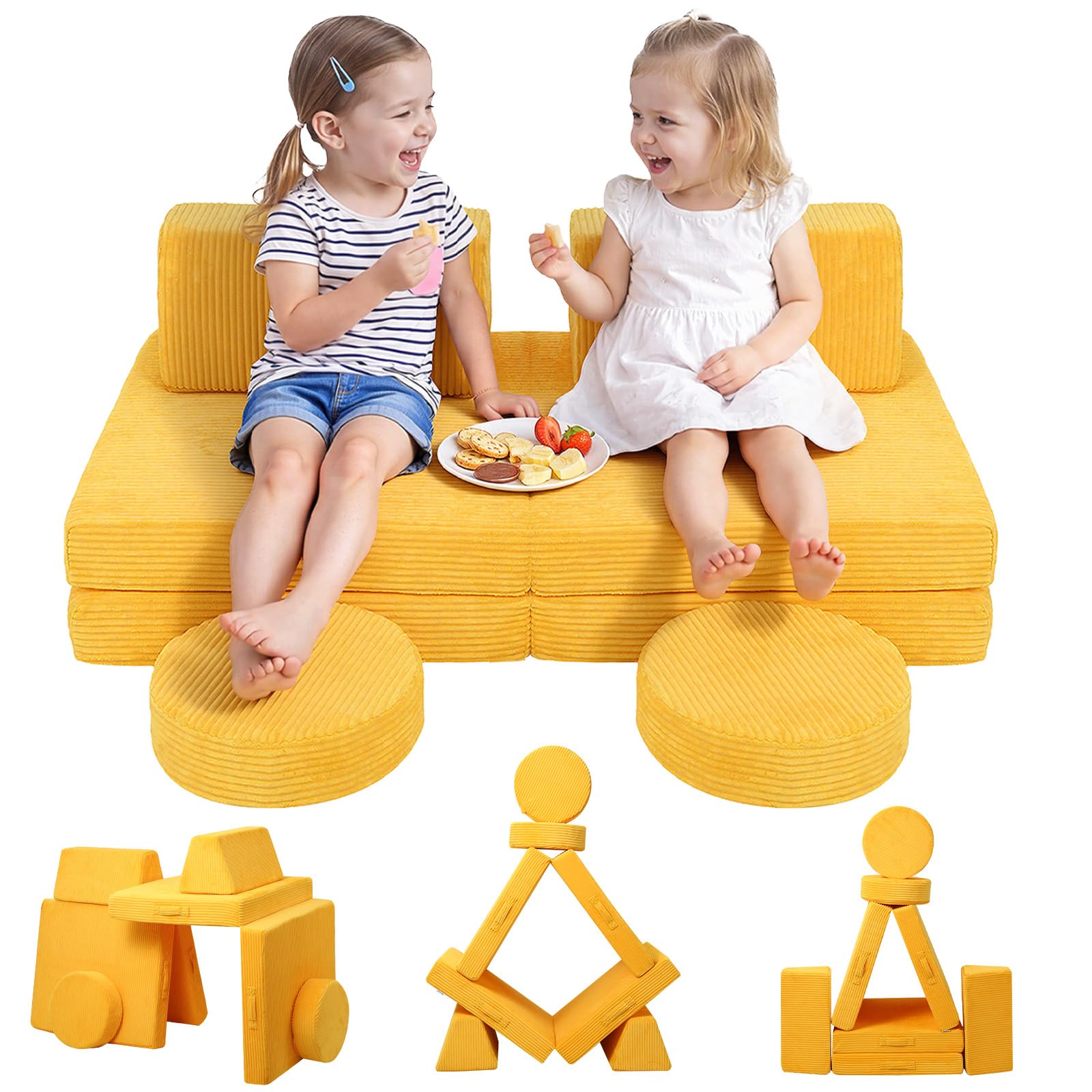 MeMoreCool Play Sofa Kids, 8-Piece Modular Toddler Chair Couch, Yellow
