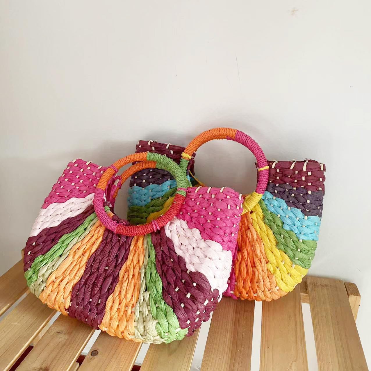 YYW Women Woven Bag Colorful Straw Tote Handbag Large Rattan Purse Summer Beach Bags (Purple)