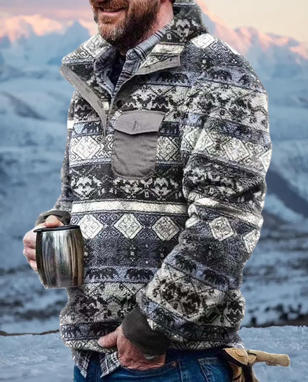 Zhyaj Western Fleece Sweatshirts for Men Vintage Aztec Print Pullover Gray Geometric Sweatshirts Casual Mens Sherpa Pullover Sweatshirts - Image 2