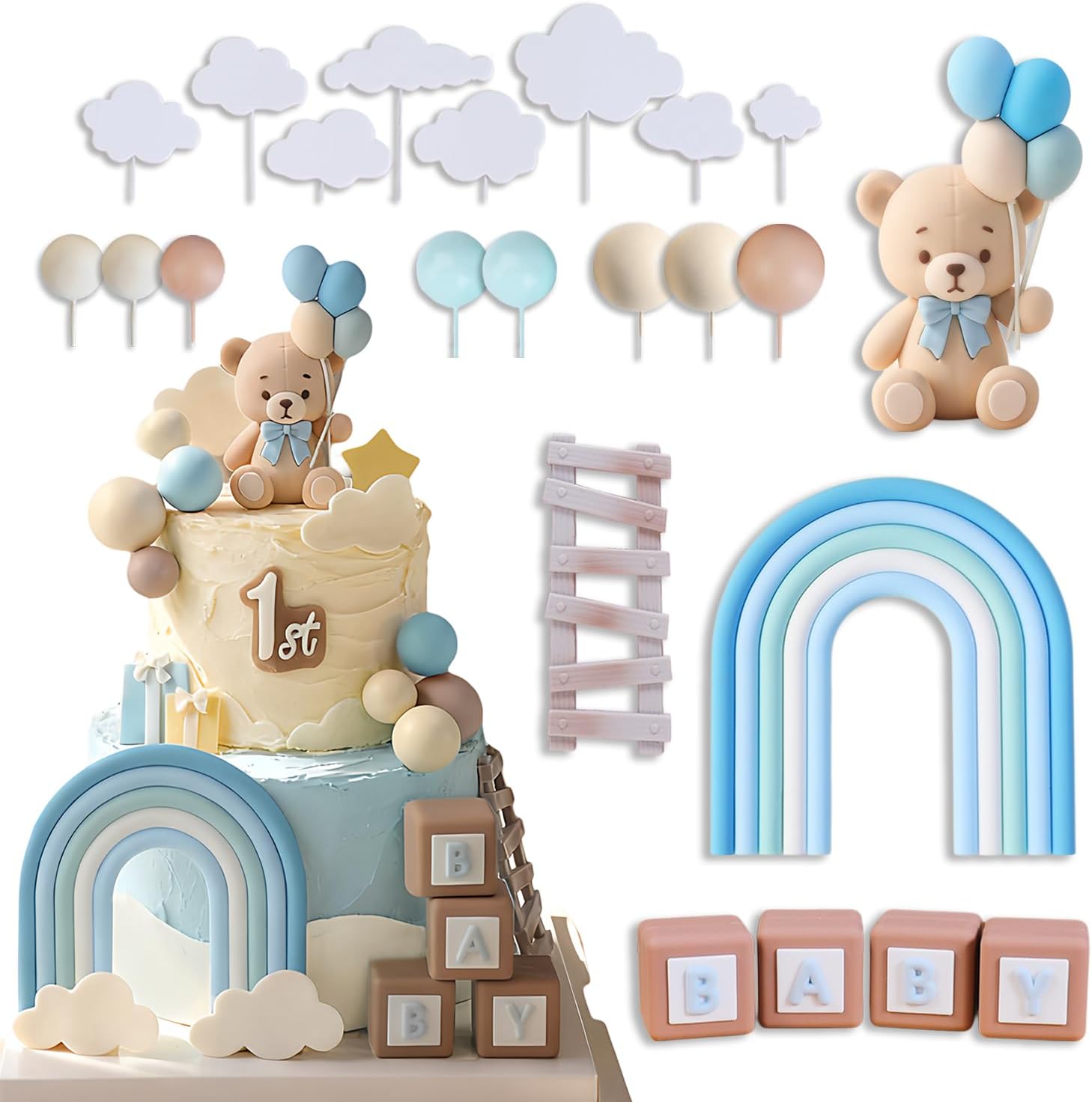 23PCS Bear and Rainbow Cake Decorations Set – Pastel Blue Style with Arch, Clouds, Ball Cake Toppers and Letter Blocks, Cute Creative Design for Birthday Cake Decorating and Party Dessert Displays