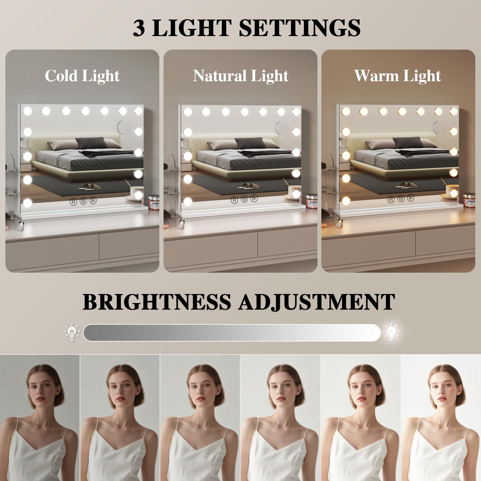 Lustro do makijażu 80x60 cm z 18 LED, możliwość ściemniania, 3 temperaturami barwowymi, z powiększeniem 10x, port wyjściowy USB, Sterowanie Dotykowe (Białe)