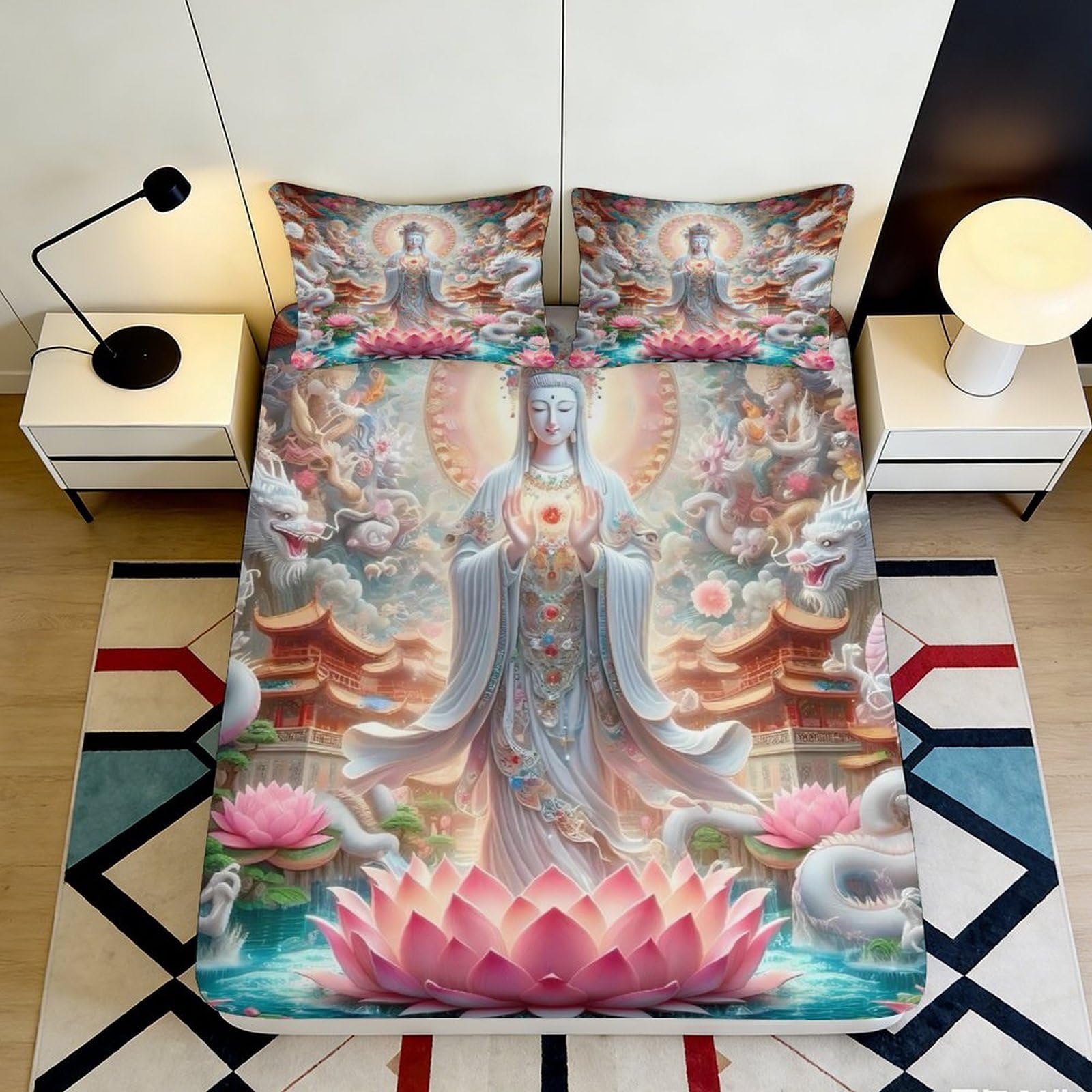 3D Printed Lotus Temple Fitted Sheet Microfiber Soft Artistic Buddha Mattress Cover for Bedroom Guest Room Decor 90x200x25cm