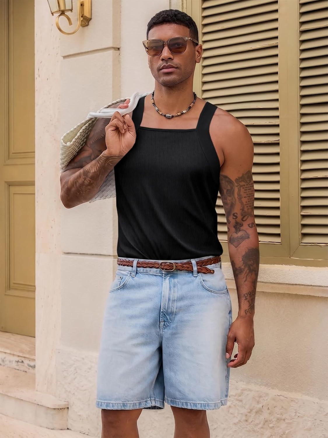Runcati Mens Ribbed Knit Tank Tops Sleeveless Shirts Summer Gym Muscle Tees