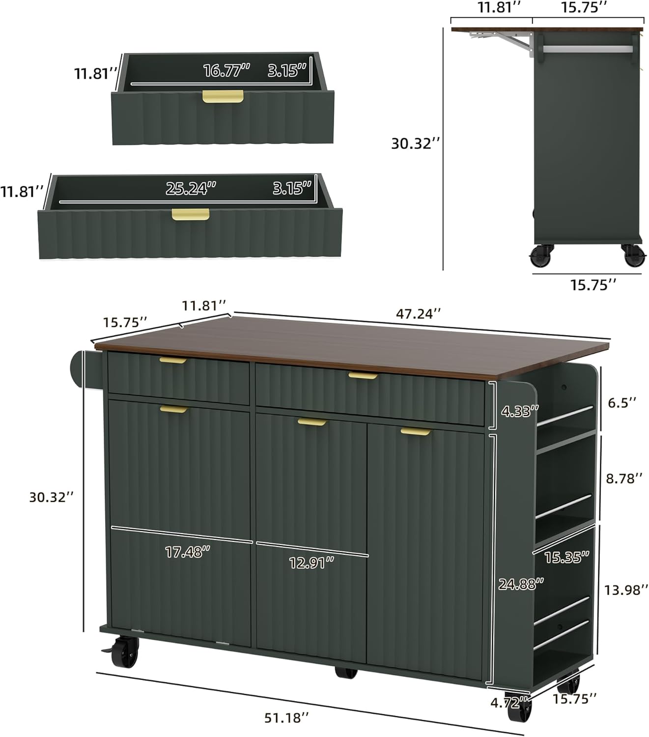 47" Kitchen Island with Wavy Door, Hidden Trash Storage & Drop-Leaf Countertop, Rolling Kitchen Cart with Spice Rack, Drawers and Locking Wheels, Mobile Island Table for Kitchen, Green