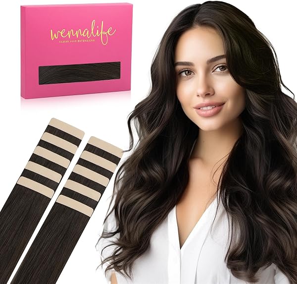 WENNALIFE Tape Extensions Echthaar,10pcs 30g 50cm, Dunkel Braun, Remy Invisible Tape Extensions Seidig Gerade haarverlängerung Skin Weft Tape Ins - 1
