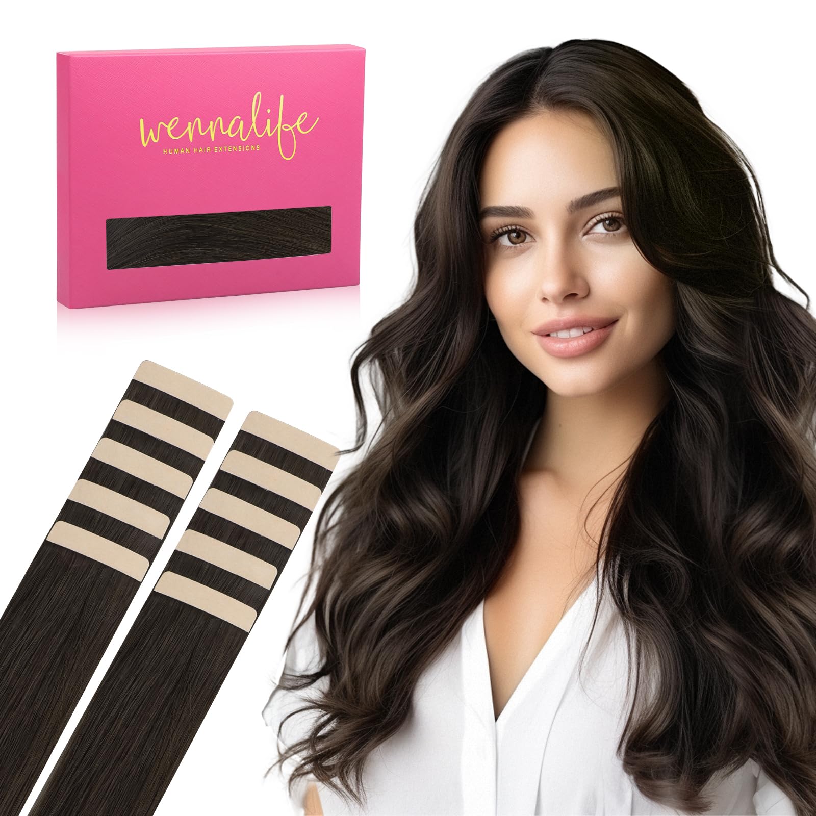 WENNALIFE Tape in Hair Extensions Human Hair Dark Brown Tape in Extensions, 10pcs 30g 24 inch Remy Invisible Tape Ins Straight Colored Soft Real Human