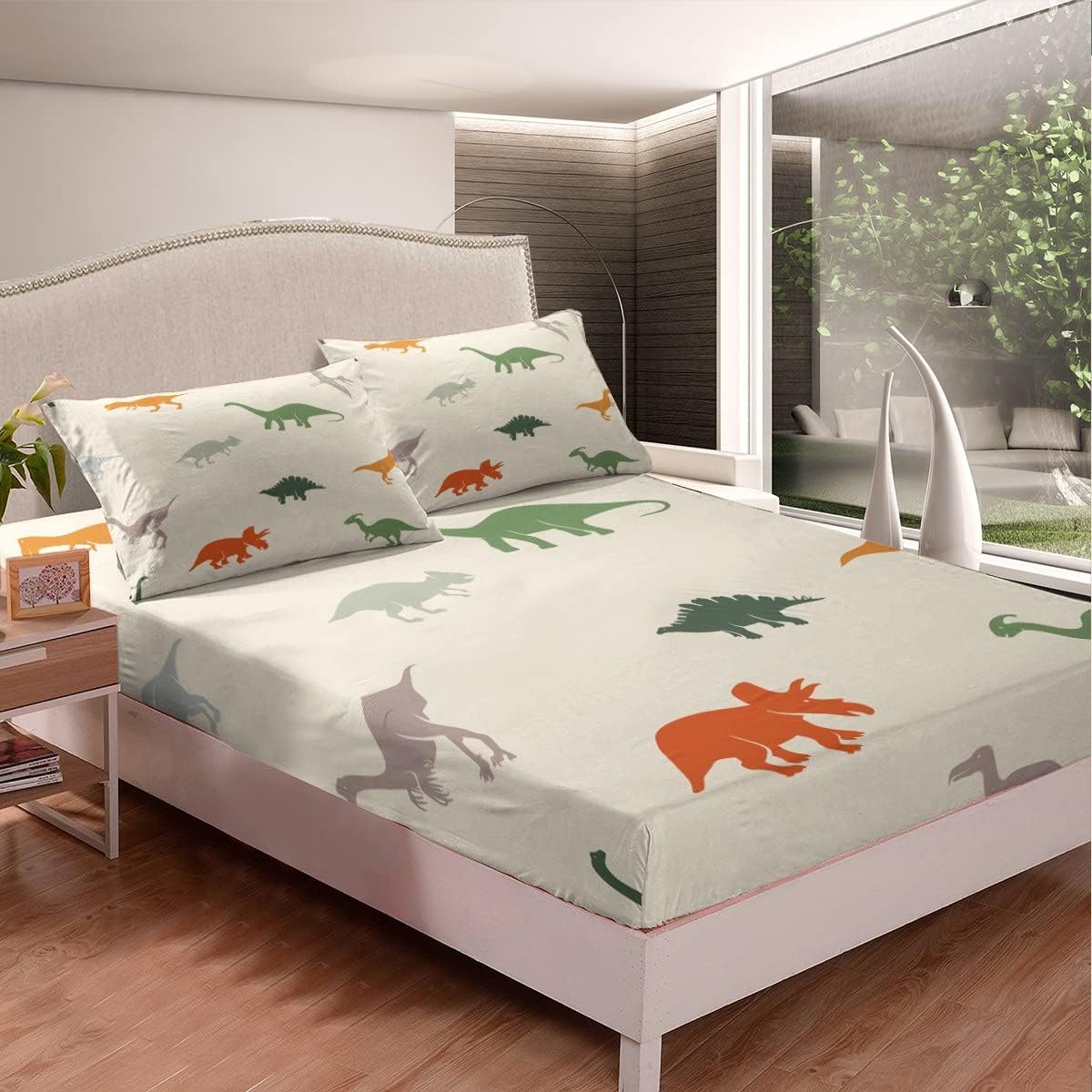 Cute Dinosaur Kids Fitted Sheet Cartoon 3D Digital Print Bed Sheet Set Decor Jungle Dino Bedding Set Wild Animal Pattern Yellow Blue Bed Cover Bedroom Quilt Cover 2Pcs Twin
