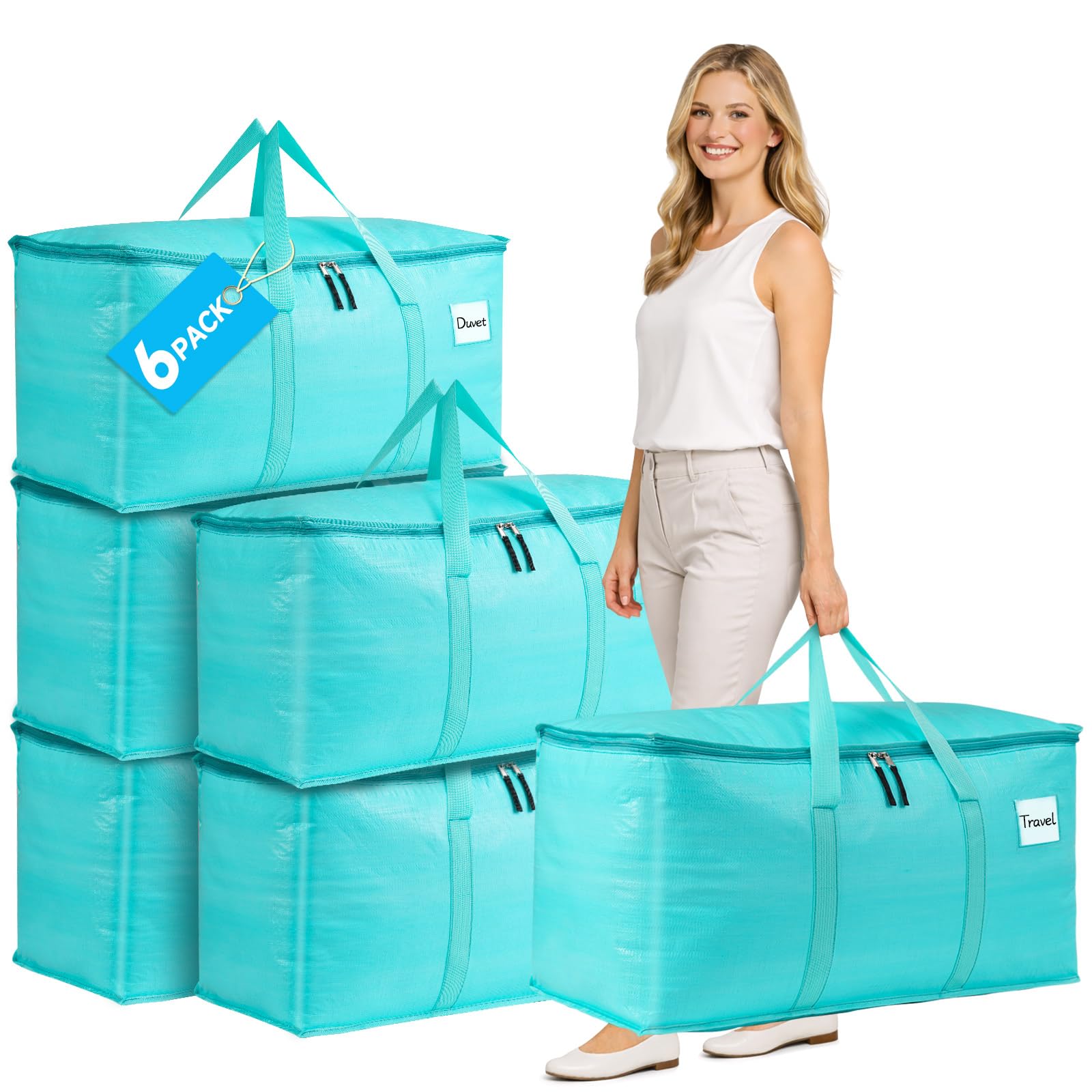 Averrex 6 Pack 96L Moving Bags, Large Storage Bag with Zips, Reusable Moving Boxes With Lids, Under bed Storage Bag for Clothes, Waterproof Storage Bags with Tag Window for Bedding, Traveling