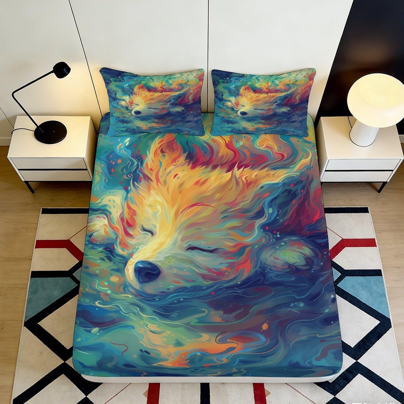 3D Printed Dreamy Fox Fitted Sheet Microfiber Soft Mattress Cover Colorful Animal Art for Bedroom Dorm Decor 90x200x25cm
