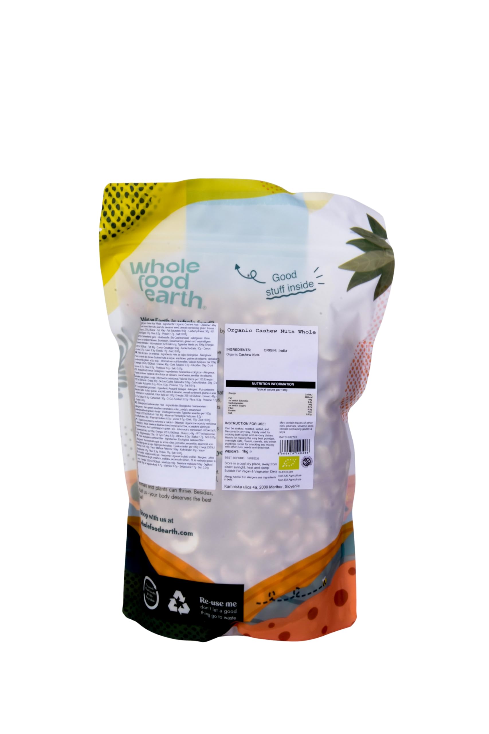 Wholefood Earth Organic Cashew Nuts Whole – 1 kg | Raw | GMO Free | Vegan | High Fibre | Source of Protein | Certified Organic