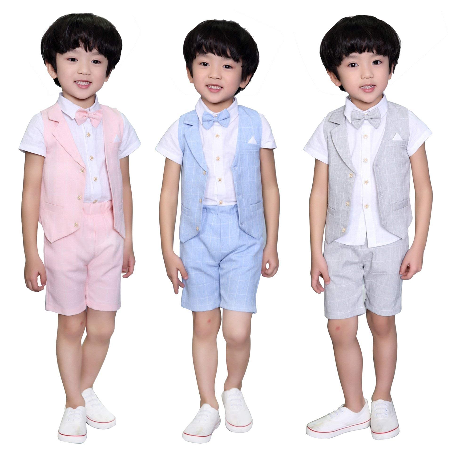 LOLANTA 4PZ Completo Cerimonia Bambino, Abito Bimbo Estivo con Gilet Pantalone Camicia e Papillon per 2-12 Anni