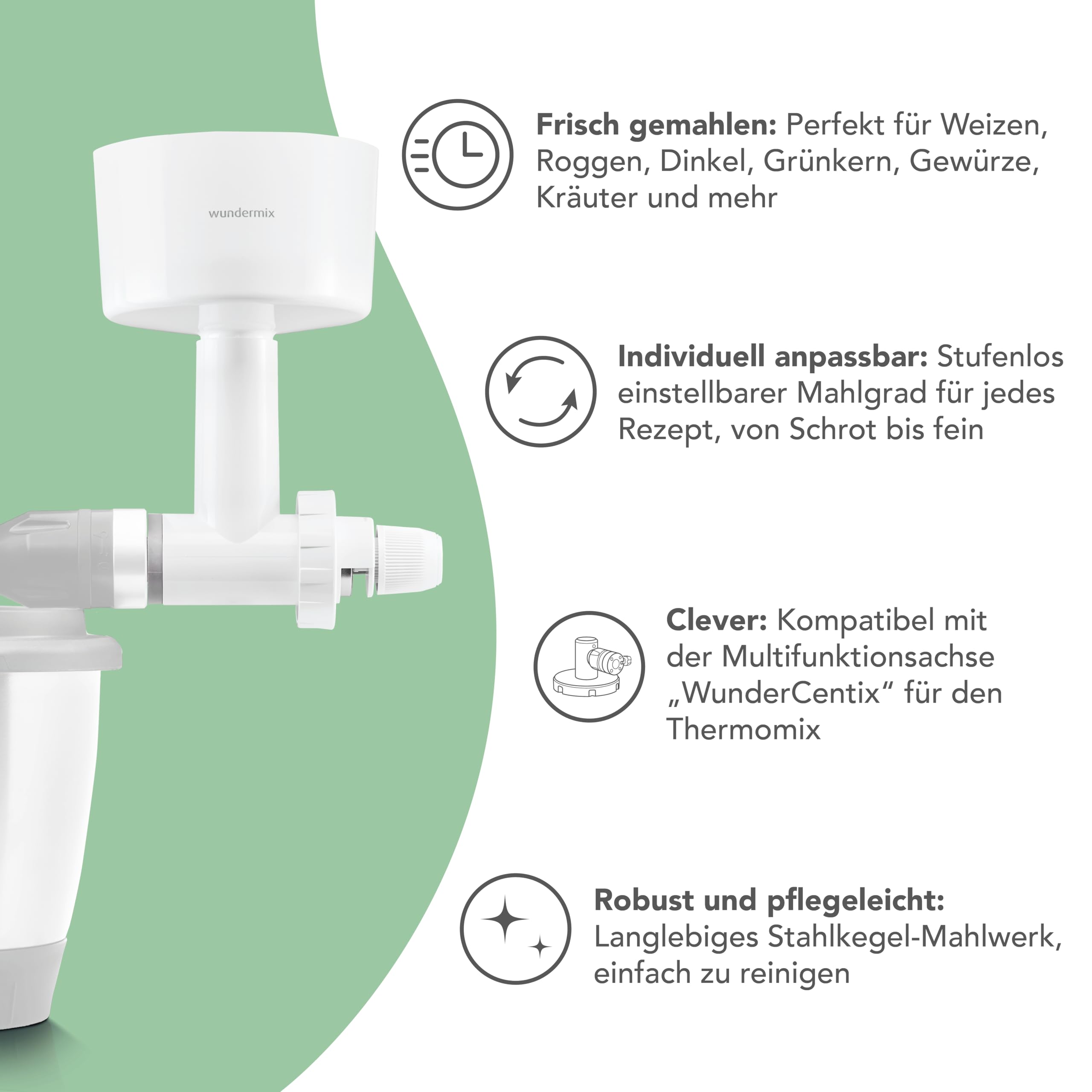 Wundermix - WunderCentix® Achse + Getreidemühlenaufsatz für TM6, TM5 | Frisches Mehl, Gewürze & Schrot mahlen, Mahlgrad einstellbar, Getreidemühle für Zuhause