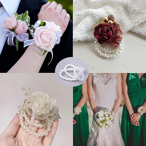 Miniatura 8 de Pulsera de perlas con ramillete de muñeca elástica para muñeca, pulsera elástica de perlas para boda, ramillete de perlas de imitación, Seda