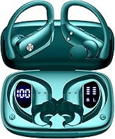 bmani Wireless Earbuds Bluetooth Headphones 80H Playtime LED Display Over-Ear Hook Mic Stereo Sound Sports for Running Gym Green