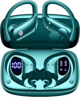 bmani Wireless Earbuds Bluetooth Headphones 80H Playtime LED Display Over-Ear Hook Mic Stereo Sound Sports for Running Gym Green