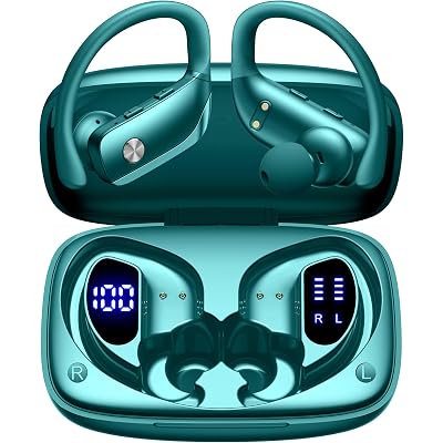 bmani Ear Buds Wireless Earbuds Bluetooth Headphones with 80H Playtime LED Display Case, Over-Ear Hook with Mic, Stereo Sound, Easy Button Controls, Sports Earphones for Running Workout Gym Green