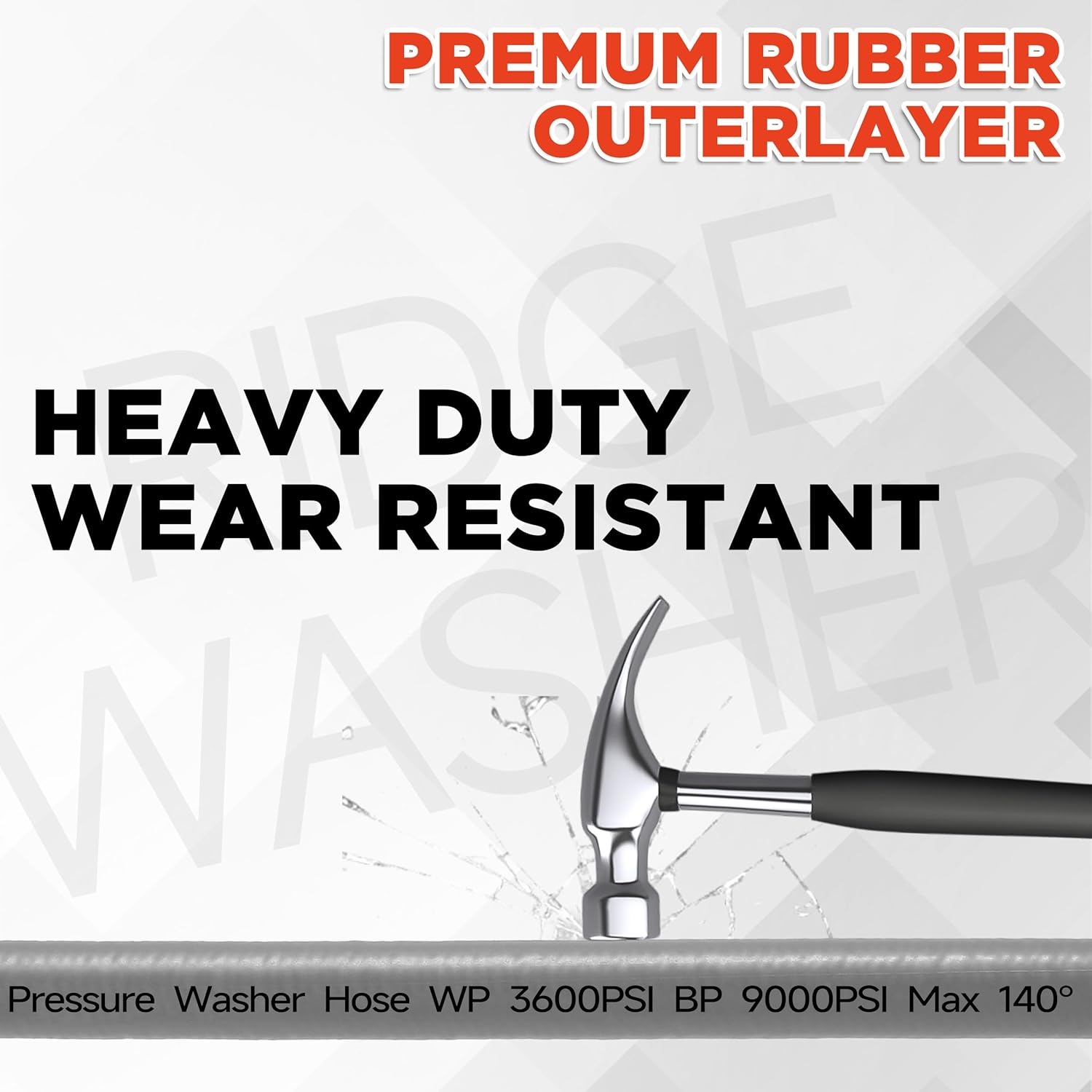 RIDGE WASHER Pressure Washer Hose 50FT, 1/4 Inch Power Washer Hose with M22 14 Fitting, Kink Resistant Hoses Replacement’s Applied for Most Pressure Washer Accessories, 3600 PSI