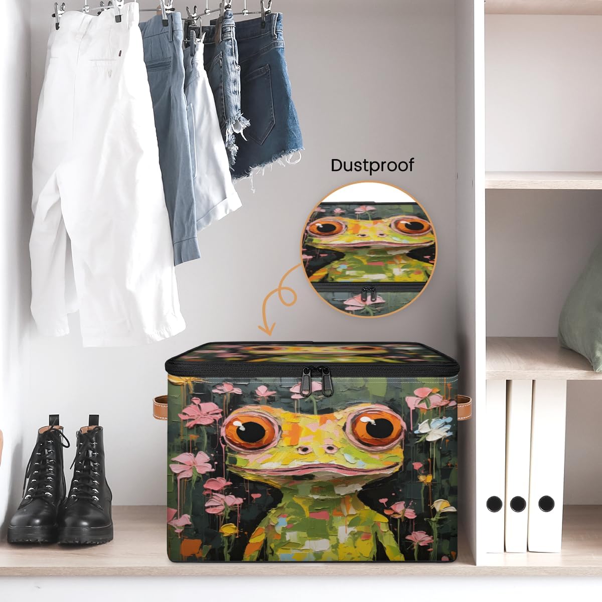 Storage Bin Set of 2 Oil Painting Frog Storage Basket with Zipper Lid & Handle Foldable Closet Shelf 2 Pack Cloth Organizer Basket Cube Bins Clothes Organizer for Bedroom, Nursery