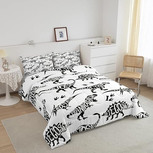 Miniatura 2 de Feelyou Juego de edredón con estampado de dinosaurios, juego de ropa de cama con alfabeto de dinosaurio blanco y negro para niños y niñas, juego de