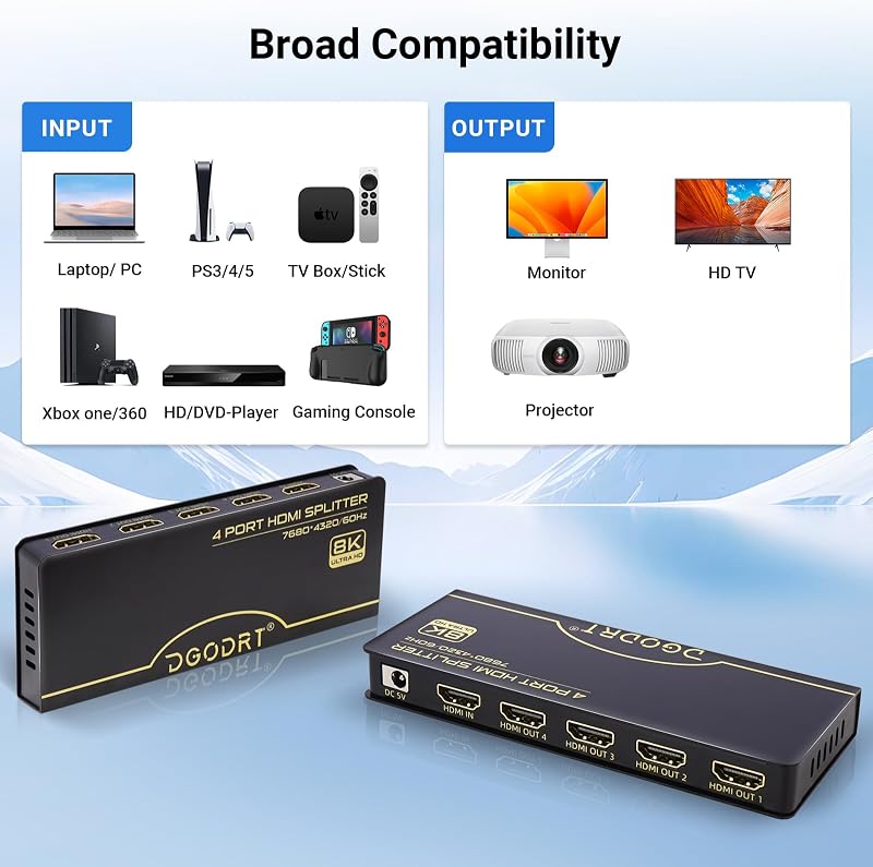 DGODRT HDMI Elosztó 1x4 4K 120Hz 8K 60Hz HDMI 2.1 Audió Videó Splitter