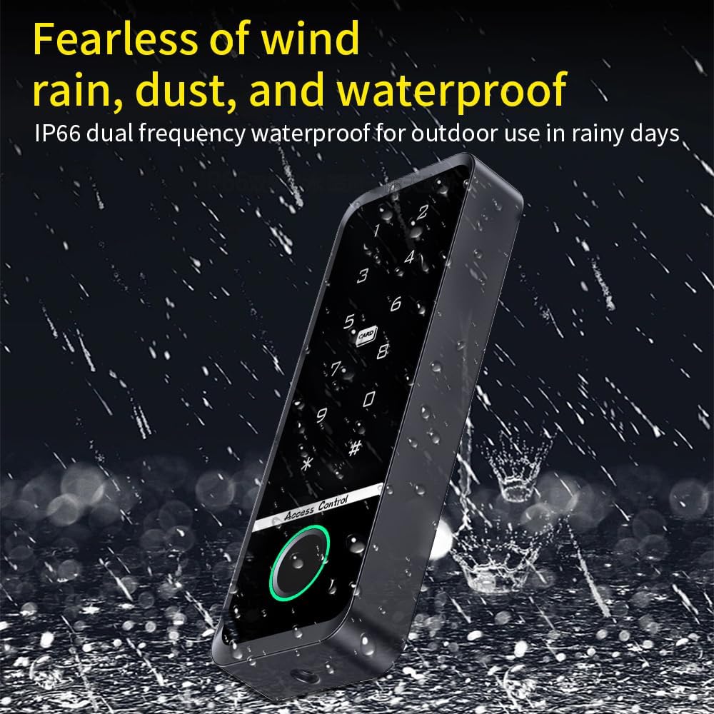 BSTUOKEY TF108 access control unit being splashed with water, demonstrating its waterproof capability.