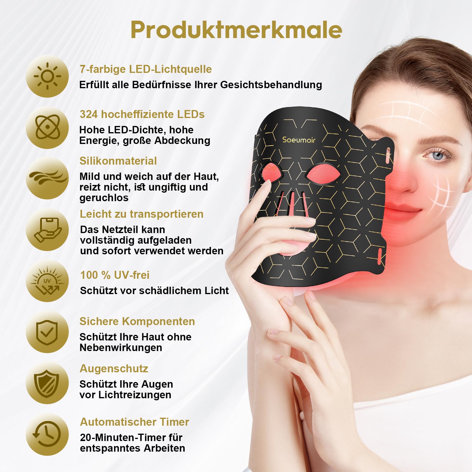 LED Gesichtsmaske 625nm Rotlicht Maske Gesicht 108 LEDs, 7 Farben | 324 Chips, 7 Beleuchtungsmodi und 3 Einstellbare Helligkeitsstufen, Wiederaufladbare，für Straffung und Revitalisierend