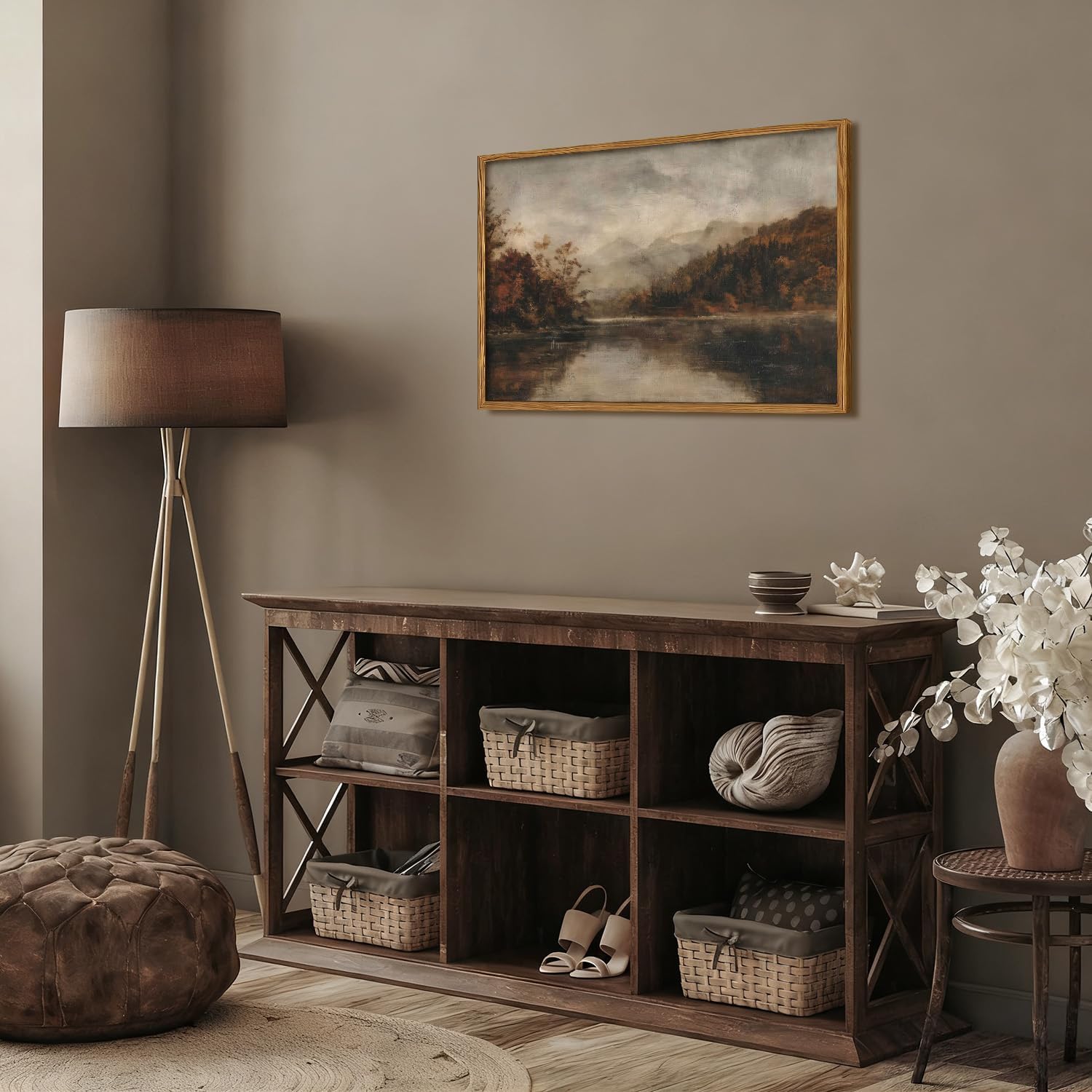 Wood Framed Vintage Wall Art, Moody Lake Forest Landscape Wall Decor Paintings, Nature Mountain Pictures Canvas Prints Rustic Farmhouse Artwork for Living Room Bedroom Home Decor 16x24 inch