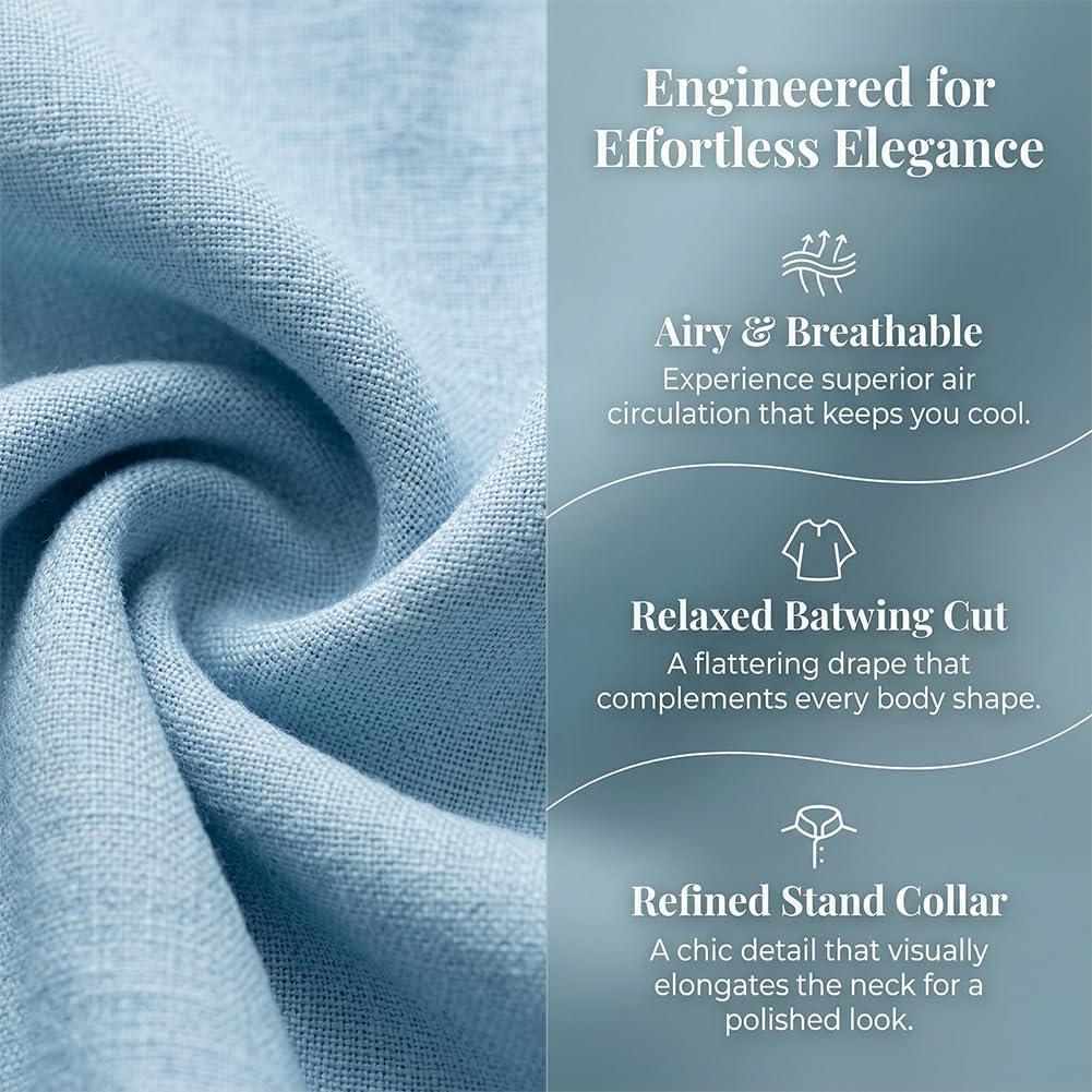 Women’s Batwing Sleeve Linen Cotton Two-Piece Set - Plus Size Casual Stand Collar Shirt Wide Leg Pants Outfits