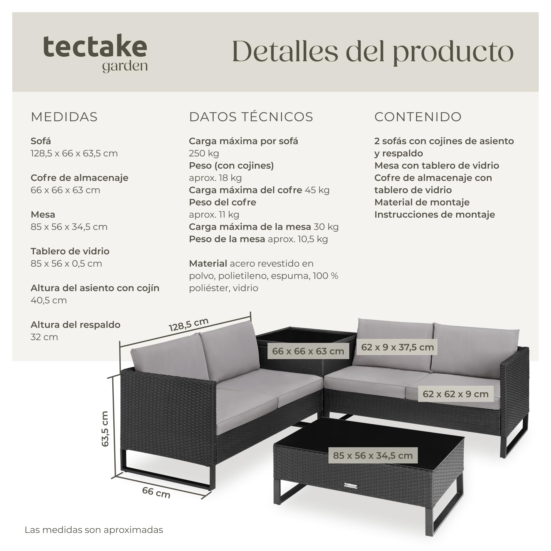 TecTake® Conjunto Jardín de Ratán con Cojines Gruesos, Muebles Jardín Exterior 2 Sofás, 1 Mesa Cristal, 1 Caja Almacenamiento, Conjunto Terraza Resistente a la Intemperie, Estructura en Acero - Negro