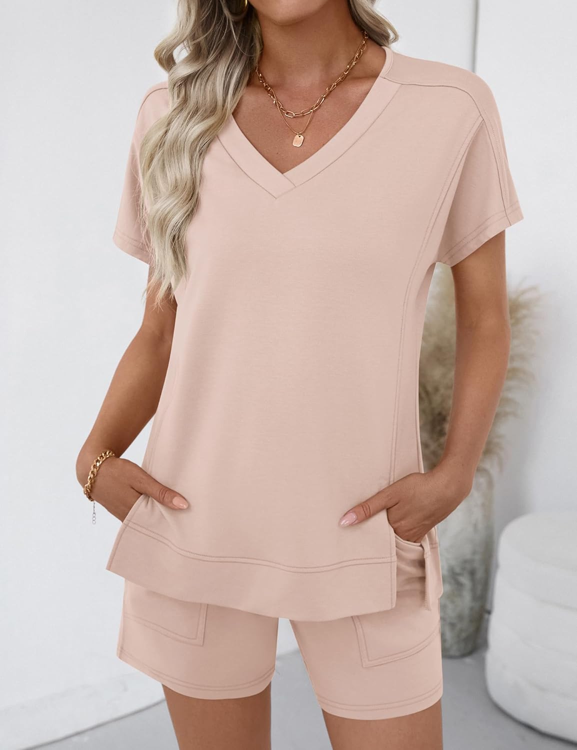 LOMON 2 Piece Short Sets for Women 2026 Spring Summer Lounge Outfits Sets Short Sleeve Trendy Casual Matching Clothing Set - Image 3