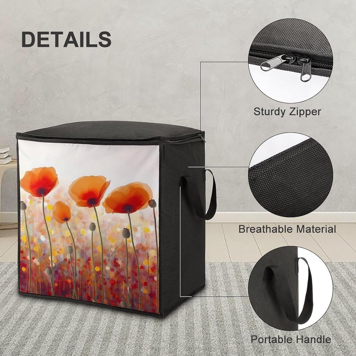 Quilt Storage Bag,Red Poppy Flowers Printed Large Foldable Storage Container Portable Travel Storage Bag for Blankets, Quilts, Clothes, Comforter, Bedding And Pillows
