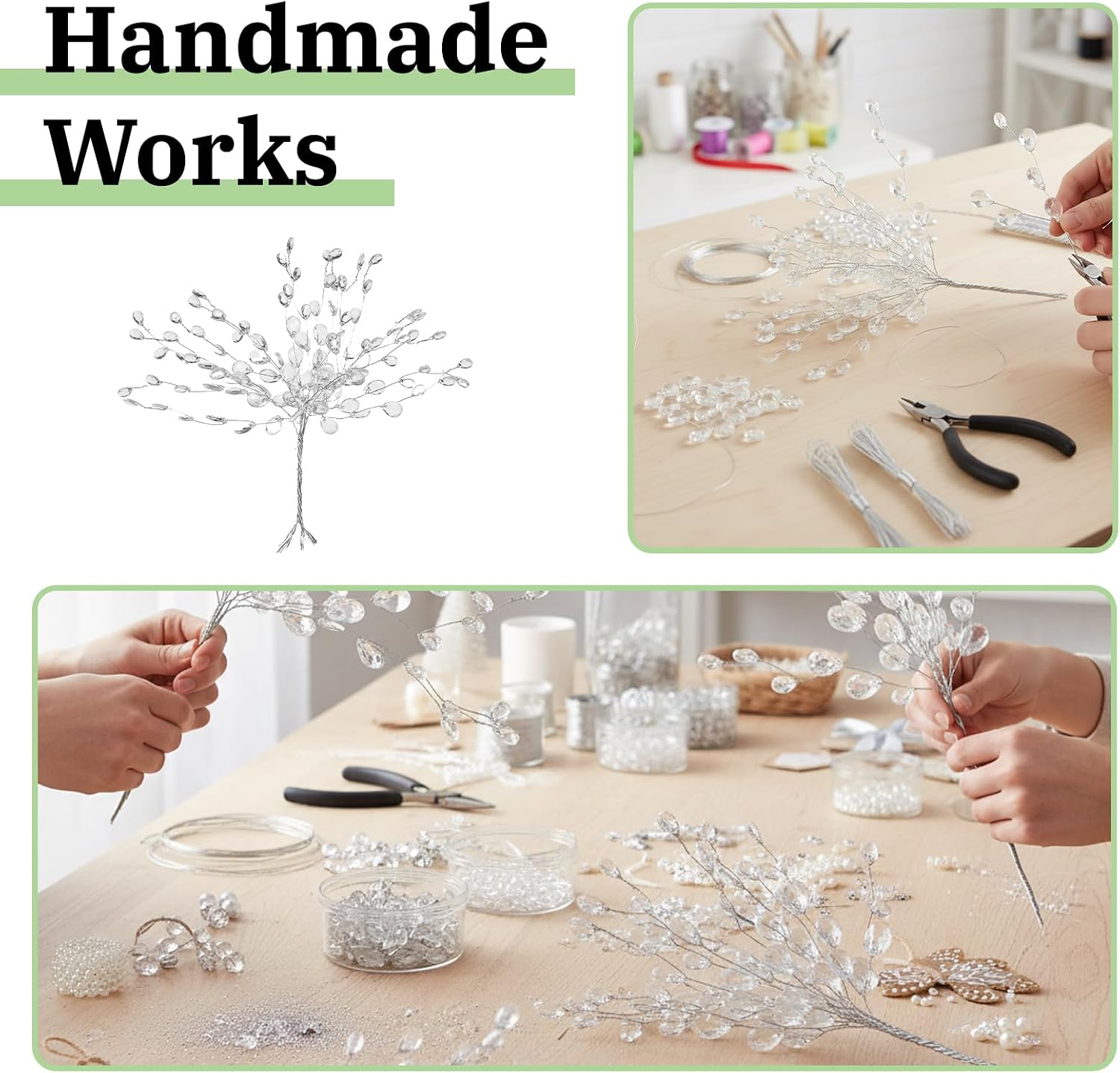 Acrylic Bead Drop Crystal Flower Stem, 60 Pcs Artificial Bouquets with 3-Prong Branches for Christmas Tree, Wedding, Bridal Decoration, DIY Crafts & Vase Arrangements